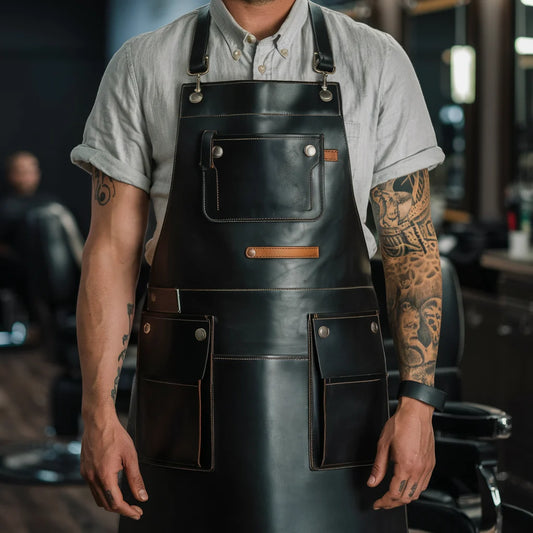 Midnight Forge Black Crazy Horse Leather Barber Apron – Sleek & Durable