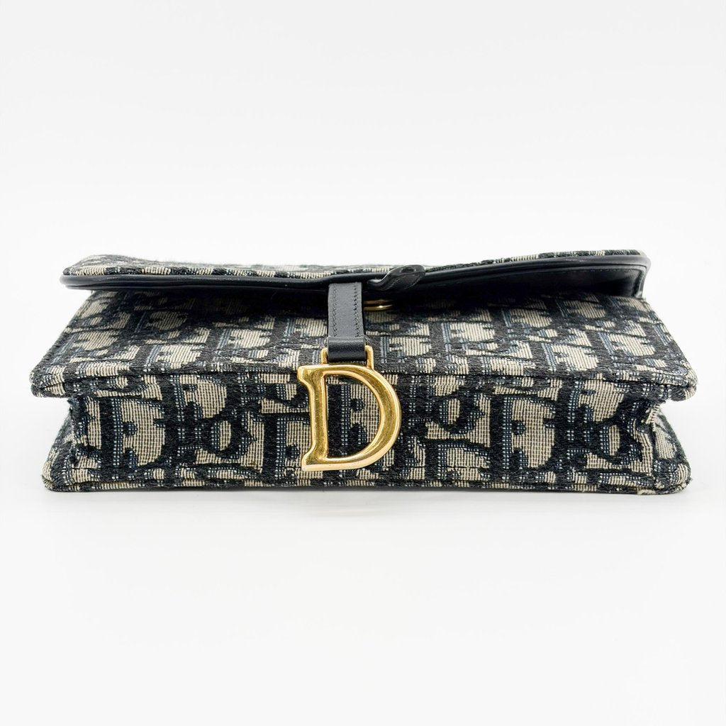 DIOR - Medium Saddle Pouch With Chain Blue DIOR Oblique Jacquard - Women