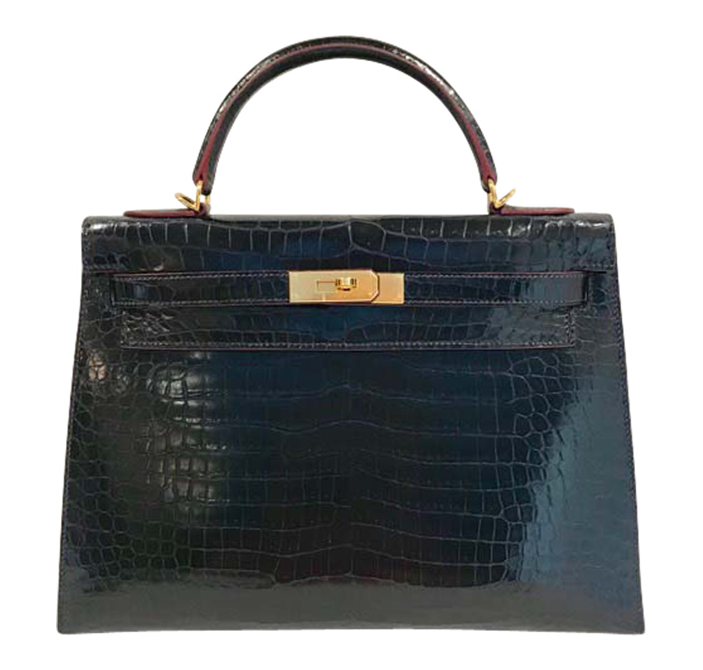 Hermès Kelly 32 Bleu Marine Crocodile Crowned Bag