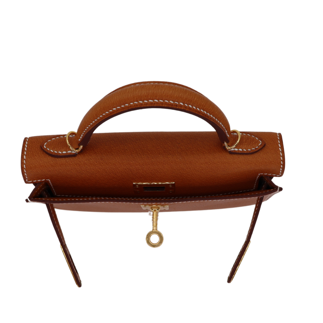Hermès Mini Kelly II Sellier Toffee Porc Leather Gold Hardware Crowned Bag