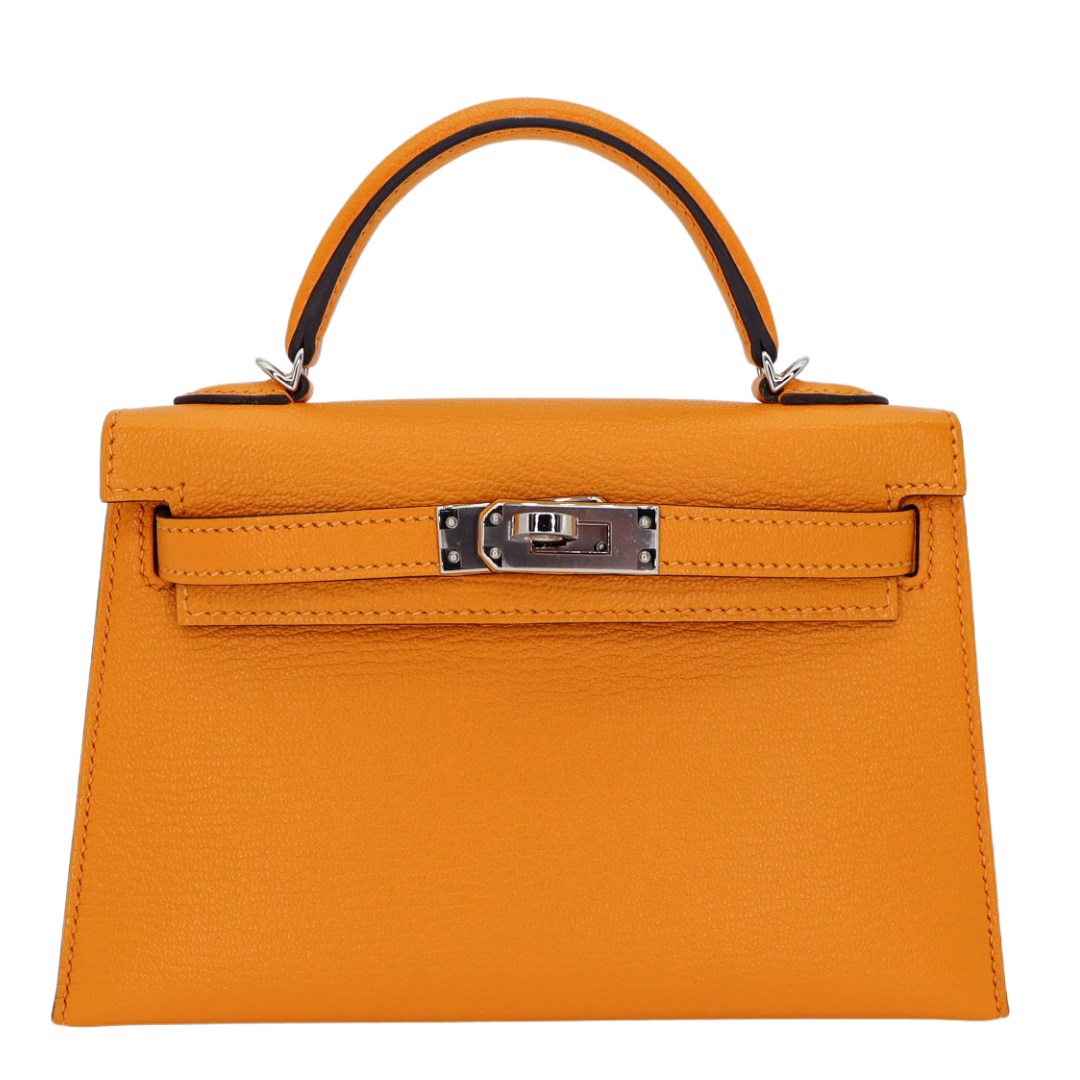 Hermès Mini Kelly II Sellier Moutarde Chèvre Palladium Hardware Crowned Bag