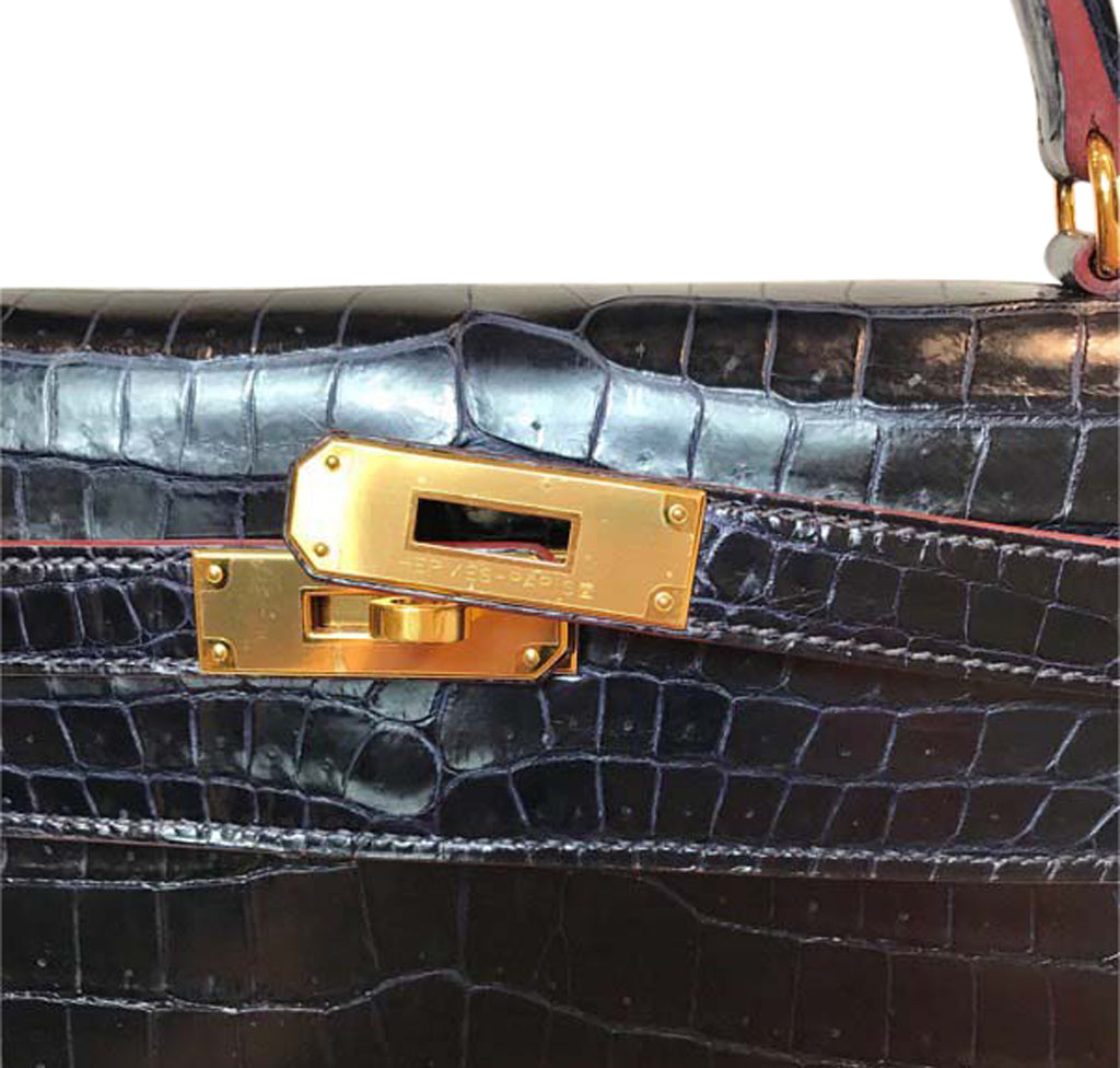Hermès Kelly 32 Bleu Marine Crocodile Crowned Bag