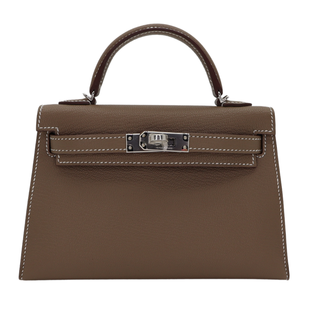 Hermès Mini Kelly II HSS Etoupe/White Chèvre Palladium Hardware Crowned Bag