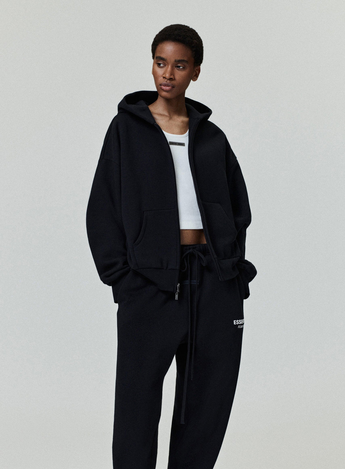 Fear of God Essentials Classic Core Fleece Full Zip-Up Hoodie Black BagAg