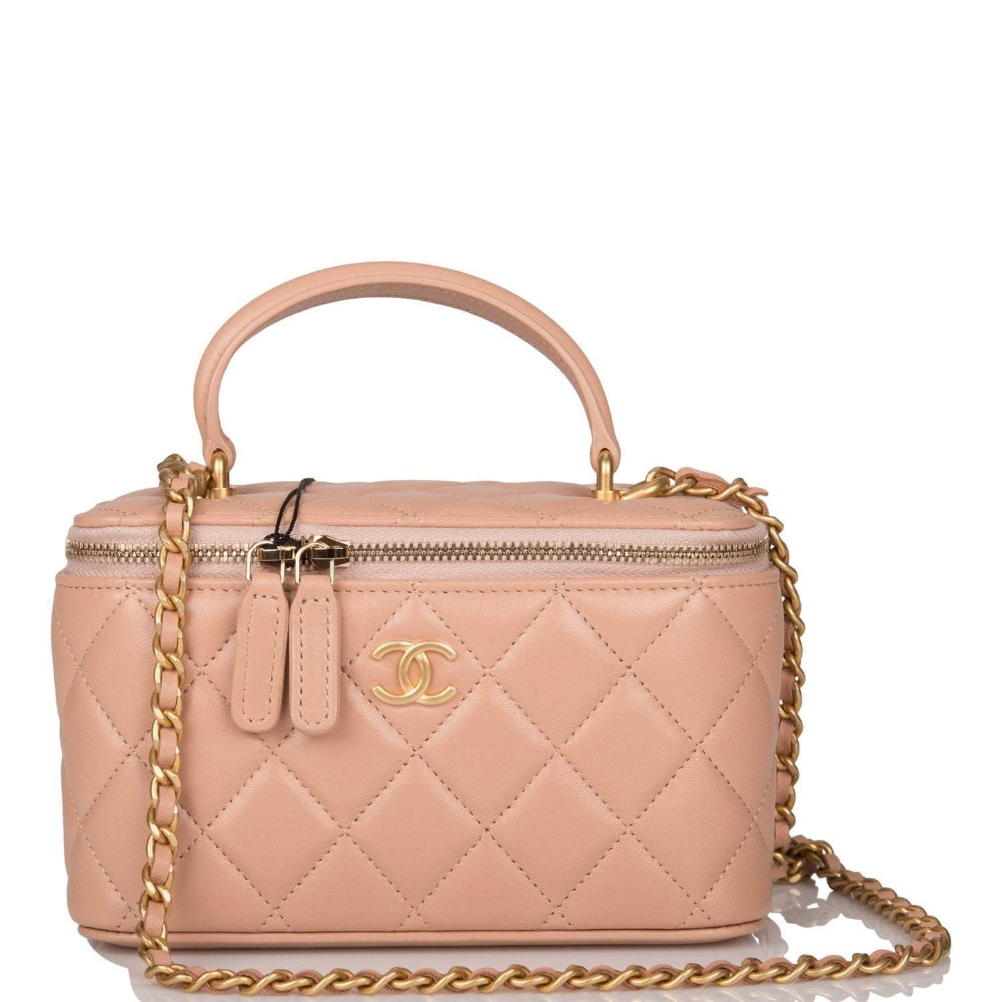 Chanel Beige Quilted Lambskin Small Top Handle Vanity Bag Antique Gold Hardware