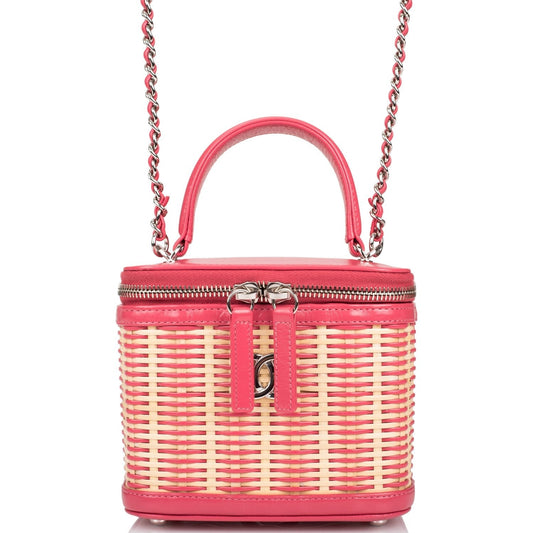 Chanel Pink Small Rattan Vanity Case Silver Hardware