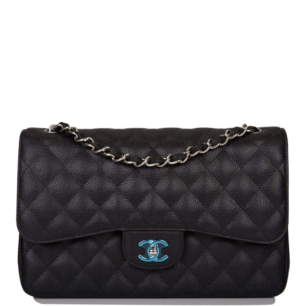 Chanel Black Quilted Caviar Jumbo Classic Double Flap Bag Silver Hardware Chanel