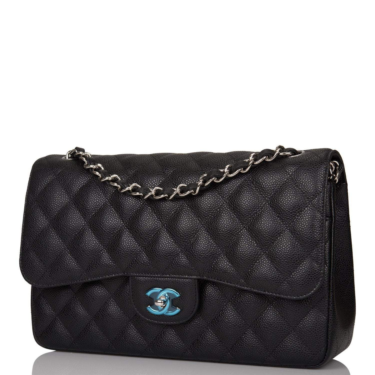 Chanel Black Quilted Caviar Jumbo Classic Double Flap Bag Silver Hardware Chanel