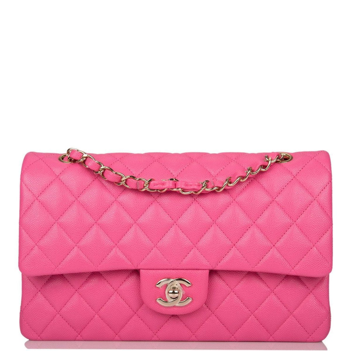 Chanel Pink Quilted Caviar Medium Classic Double Flap Bag Light Gold Hardware Chanel