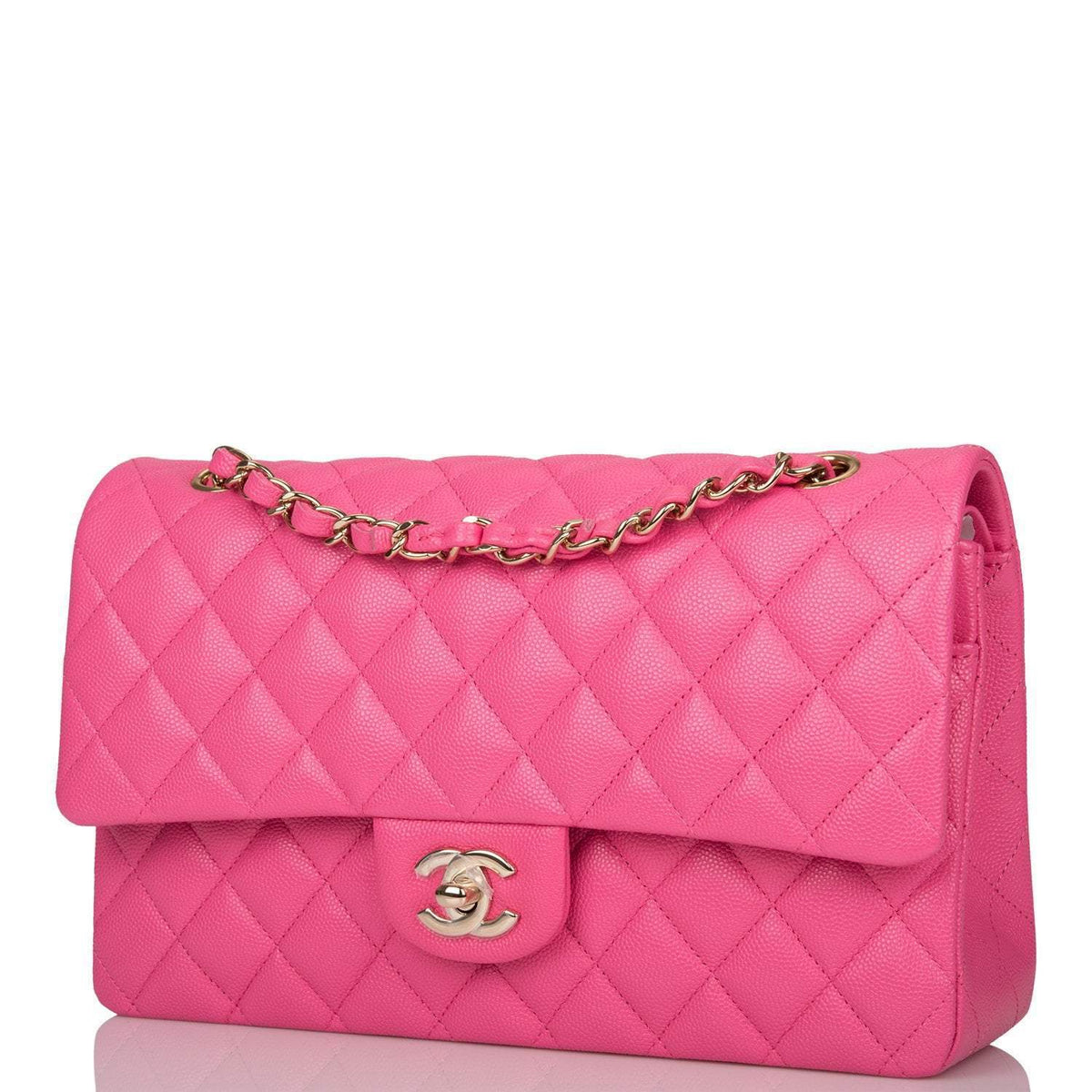 Chanel Pink Quilted Caviar Medium Classic Double Flap Bag Light Gold Hardware Chanel