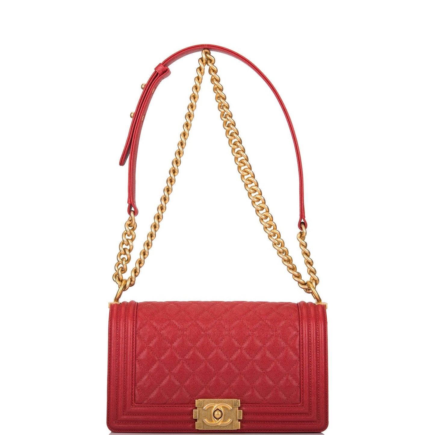 Chanel Red Quilted Caviar Medium Boy Bag Antique Gold Hardware