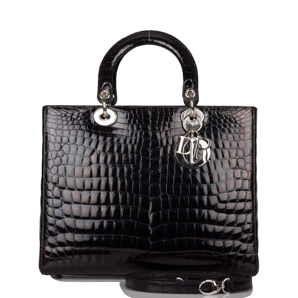 Christian Dior Black Large Lady Dior Crocodile Tote Silver Hardware Dior