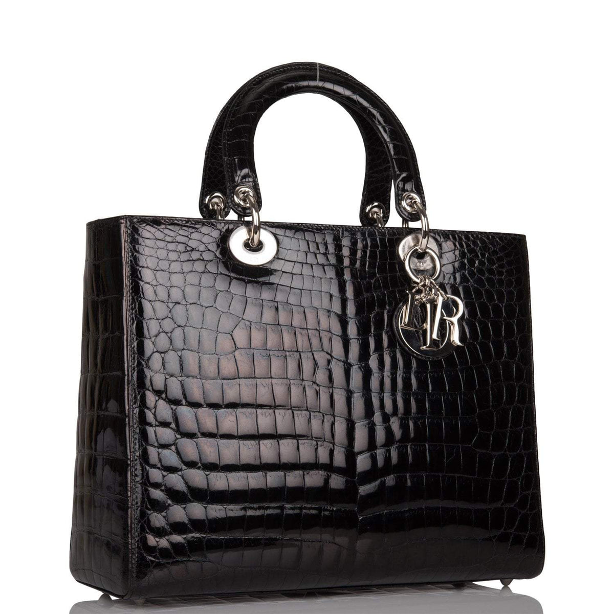Christian Dior Black Large Lady Dior Crocodile Tote Silver Hardware Dior