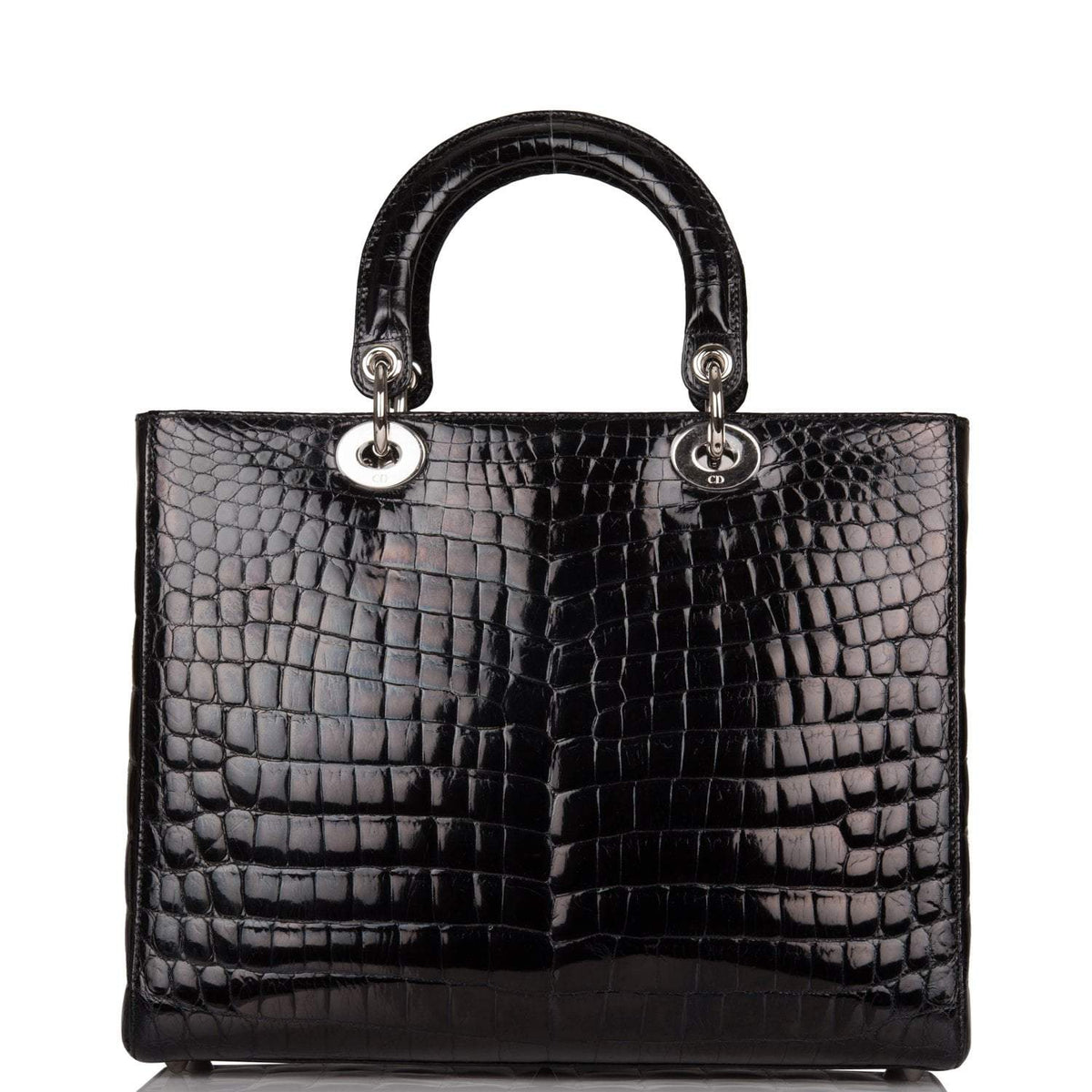 Christian Dior Black Large Lady Dior Crocodile Tote Silver Hardware Dior