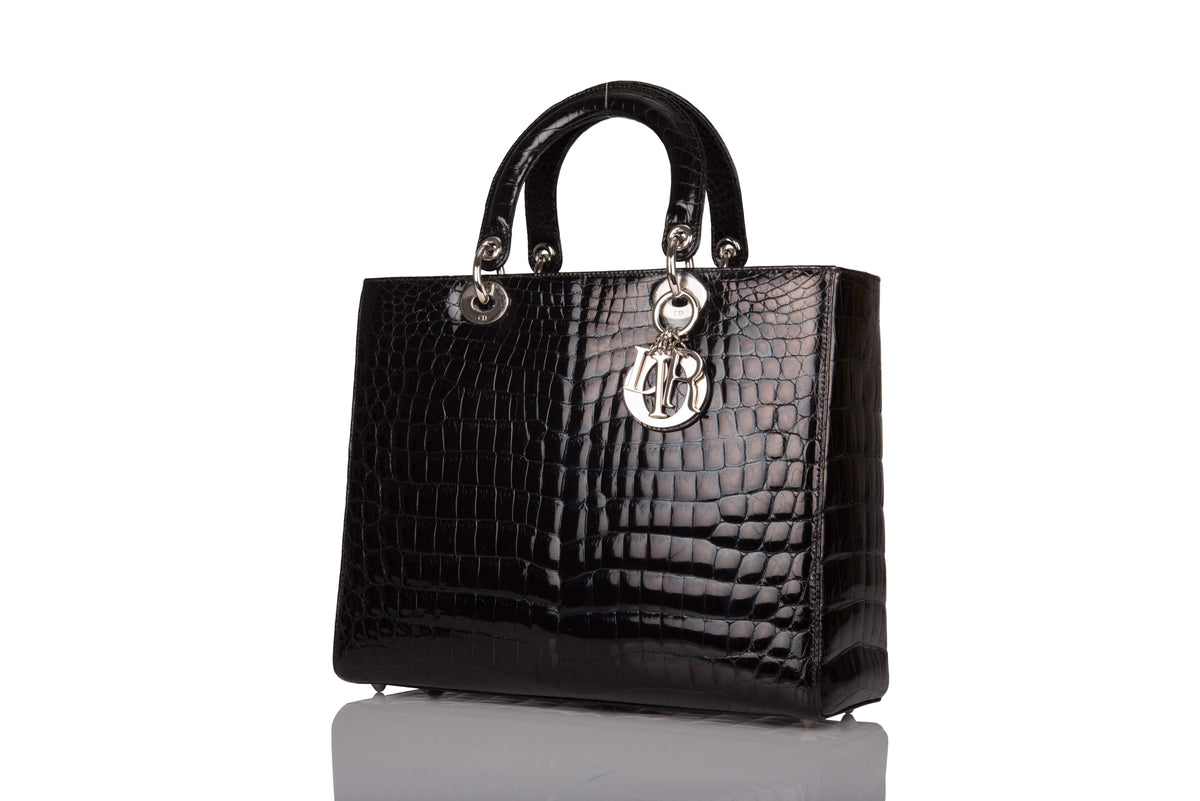 Christian Dior Black Large Lady Dior Crocodile Tote Silver Hardware Dior