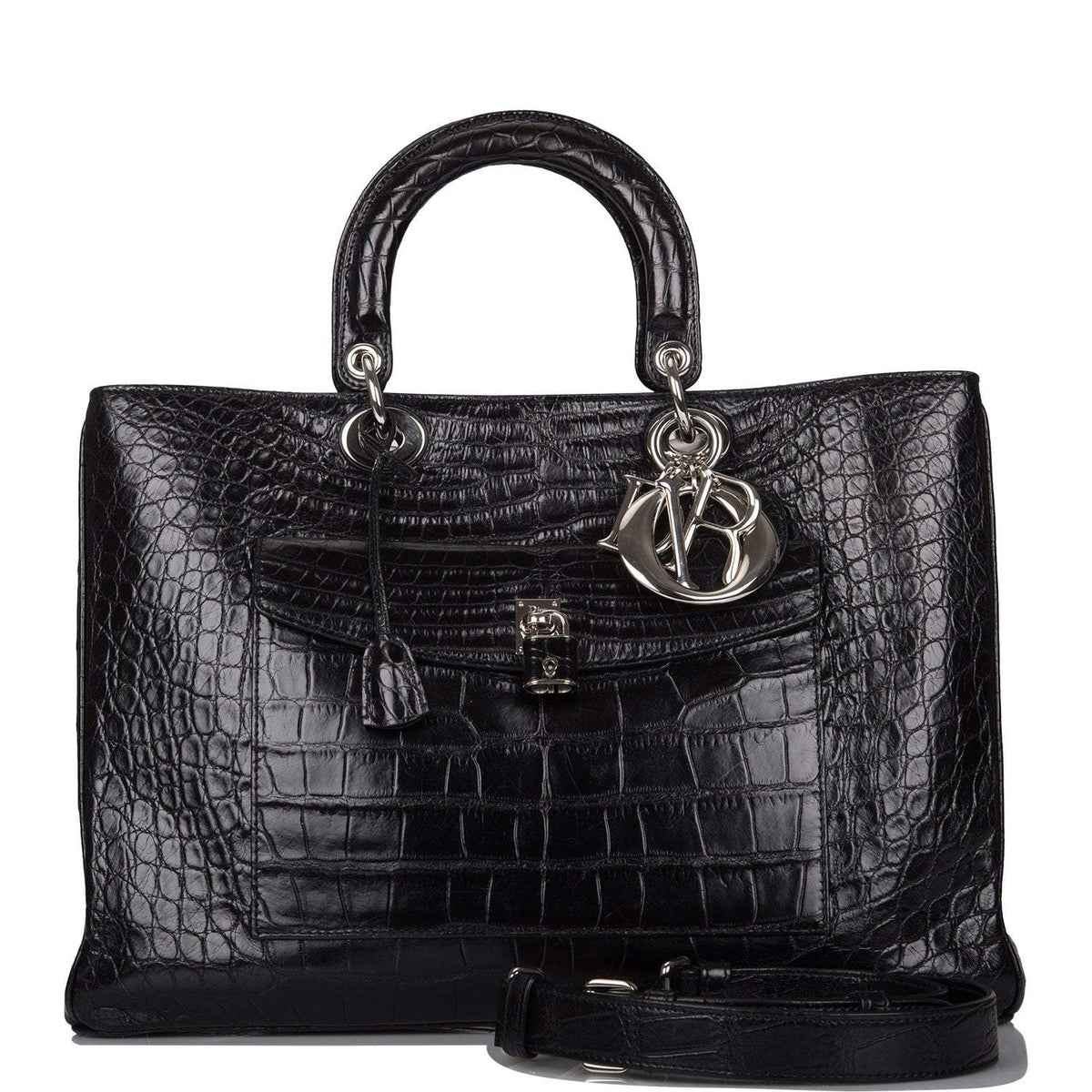 Christian Dior Black Diorissimo Pocket Matte Alligator Tote Silver Hardware Dior