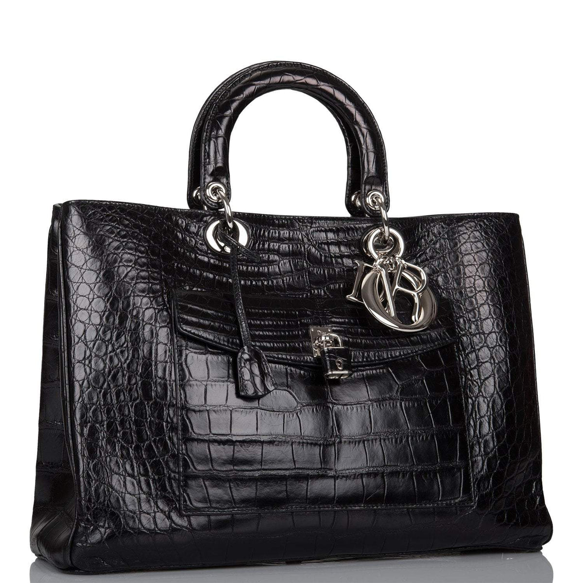 Christian Dior Black Diorissimo Pocket Matte Alligator Tote Silver Hardware Dior