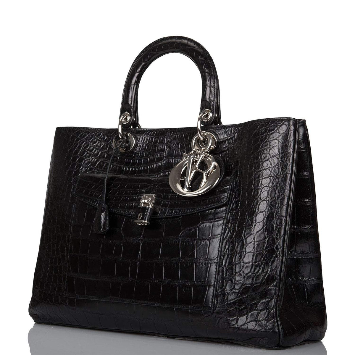 Christian Dior Black Diorissimo Pocket Matte Alligator Tote Silver Hardware Dior