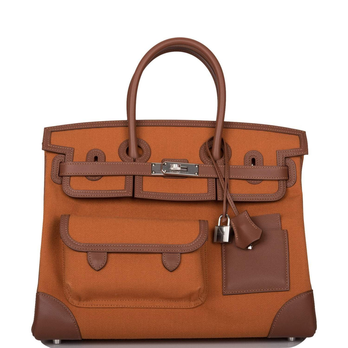 Hermes Marron Inde Swift and Gold Toile Canvas "Cargo" Birkin 35cm Palladium Hardware Crowned Bag