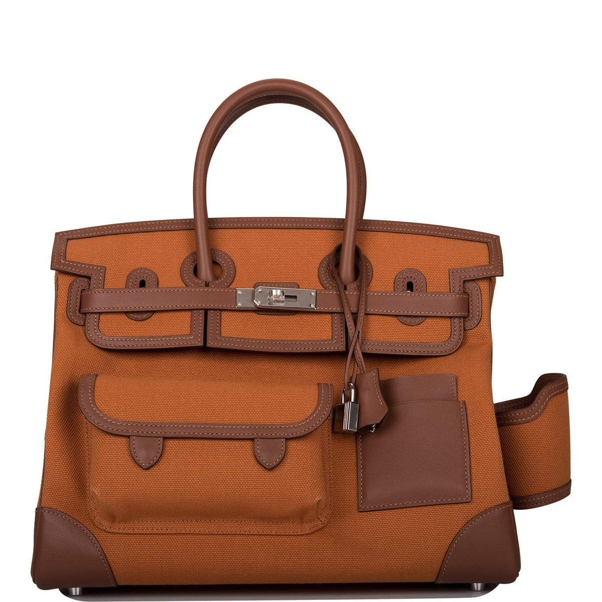 Hermes Marron Inde Swift and Gold Toile Canvas "Cargo" Birkin 35cm Palladium Hardware Crowned Bag