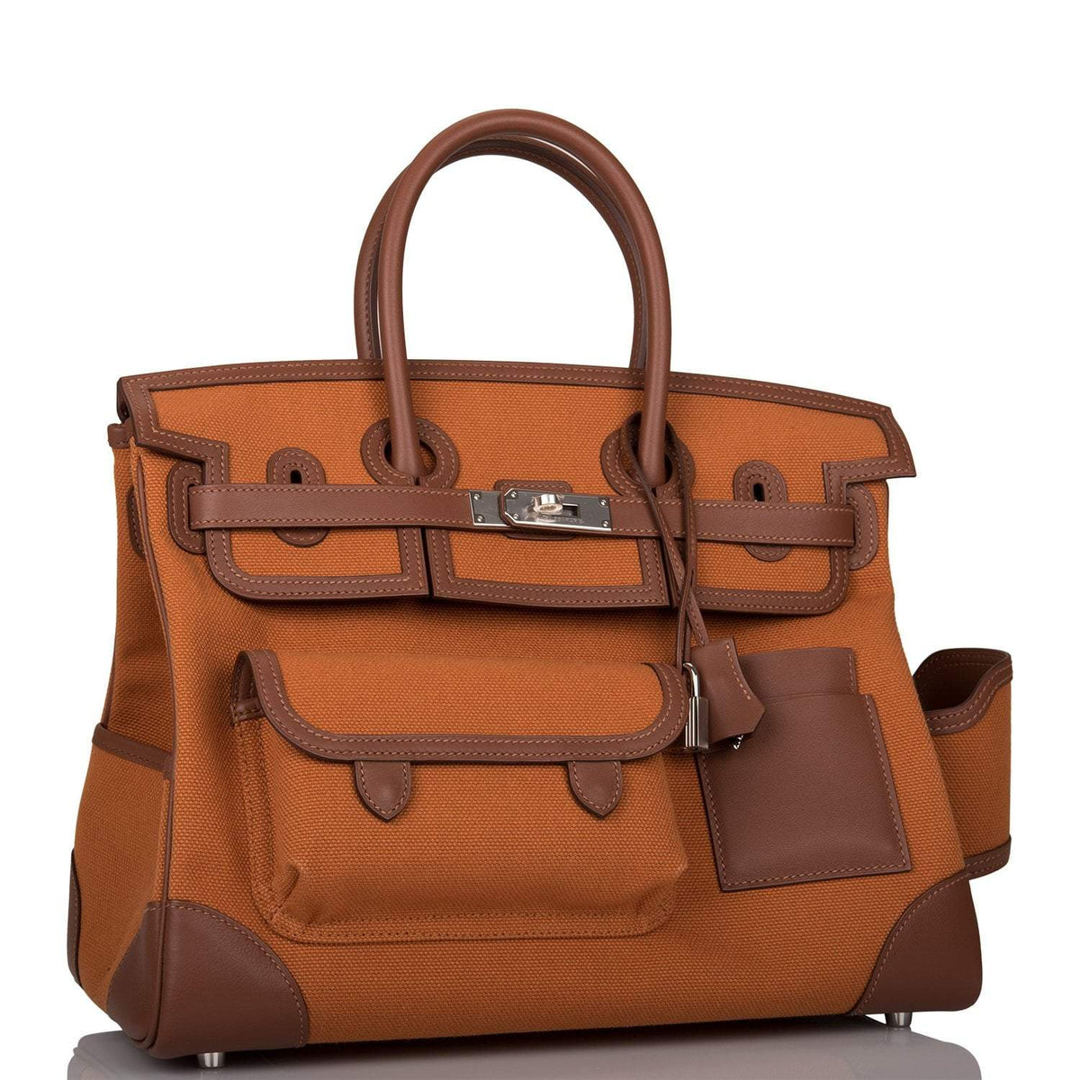 Hermes Marron Inde Swift and Gold Toile Canvas "Cargo" Birkin 35cm Palladium Hardware Crowned Bag