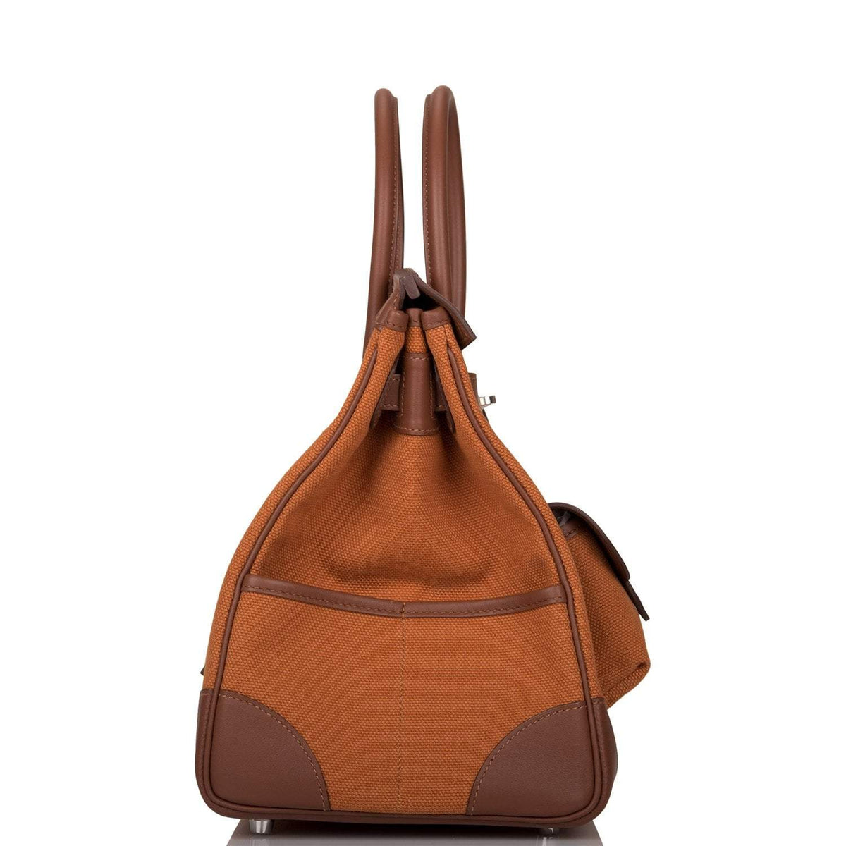 Hermes Marron Inde Swift and Gold Toile Canvas "Cargo" Birkin 35cm Palladium Hardware Crowned Bag