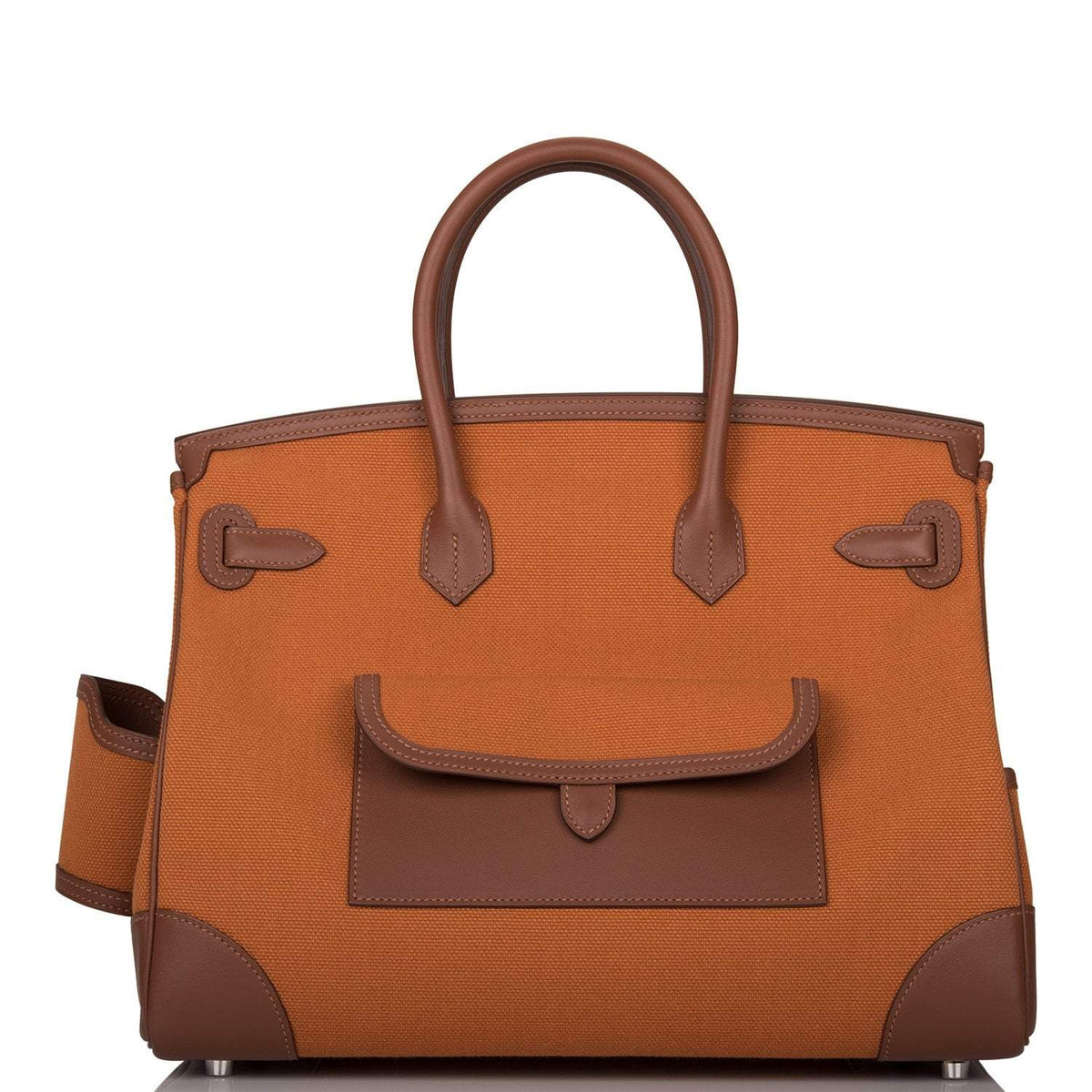 Hermes Marron Inde Swift and Gold Toile Canvas "Cargo" Birkin 35cm Palladium Hardware Crowned Bag