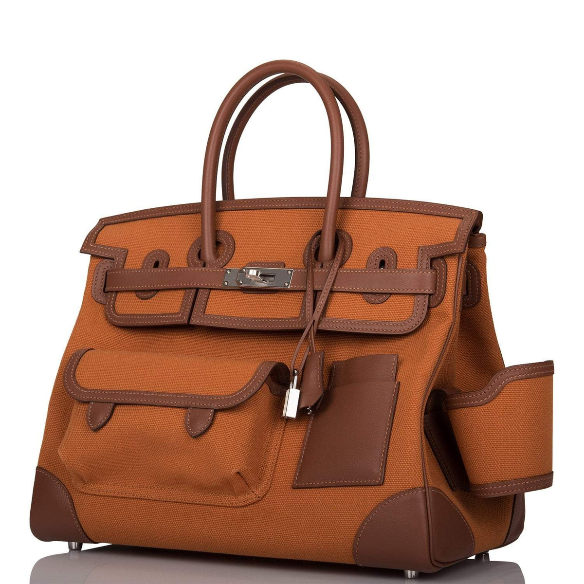 Hermes Marron Inde Swift and Gold Toile Canvas "Cargo" Birkin 35cm Palladium Hardware Crowned Bag