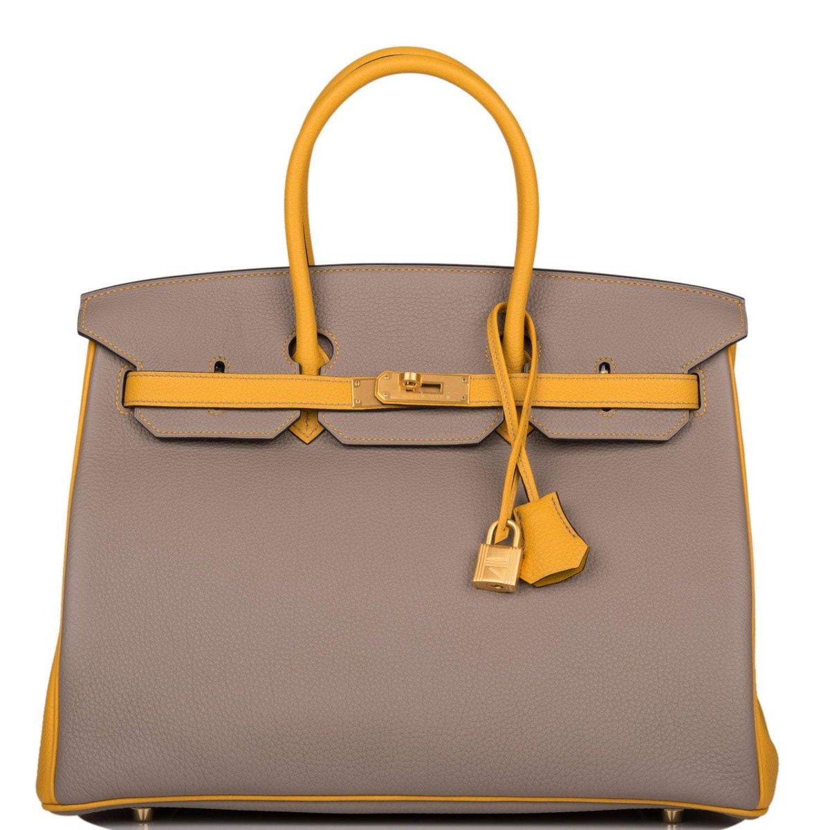 Hermes Birkin 35 Etoupe and Jaune Ambre Togo Brushed Gold Hardware BagAg