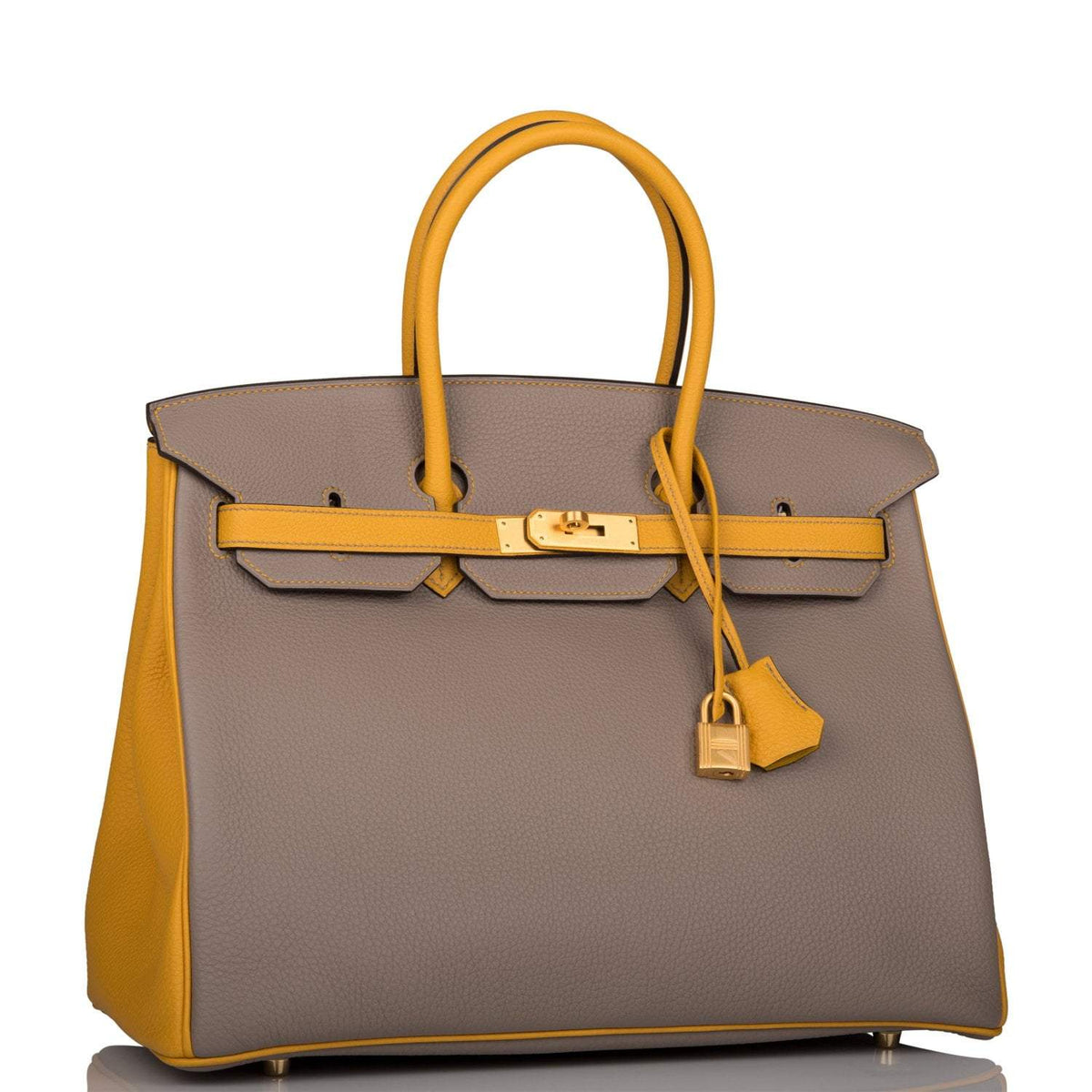 Hermes Birkin 35 Etoupe and Jaune Ambre Togo Brushed Gold Hardware BagAg