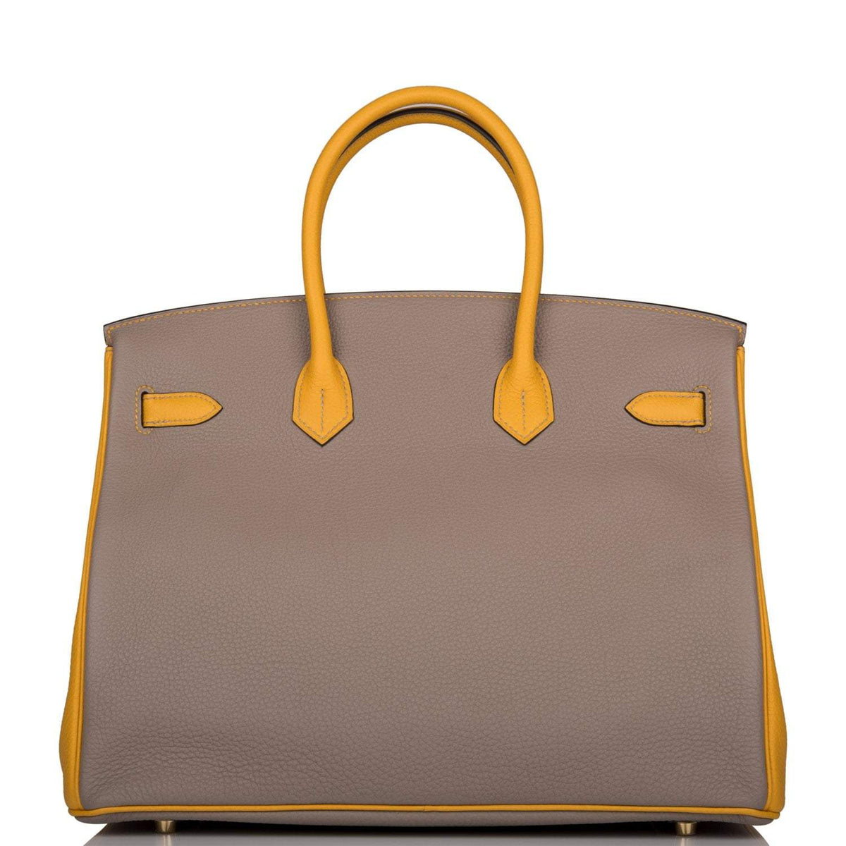 Hermes Birkin 35 Etoupe and Jaune Ambre Togo Brushed Gold Hardware BagAg