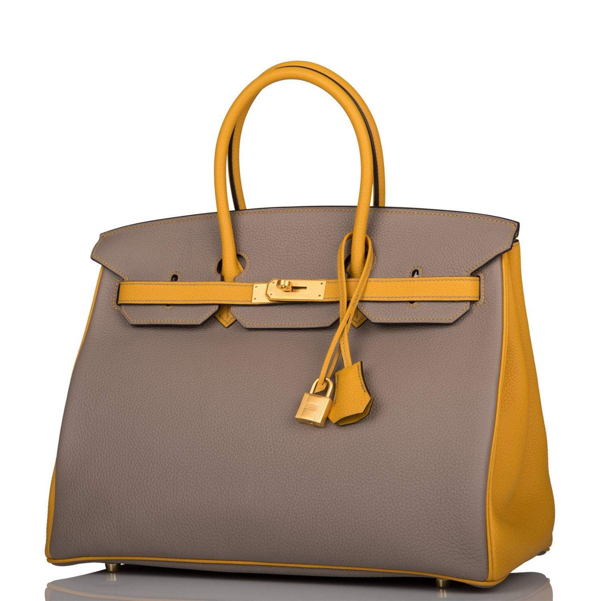 Hermes Birkin 35 Etoupe and Jaune Ambre Togo Brushed Gold Hardware BagAg
