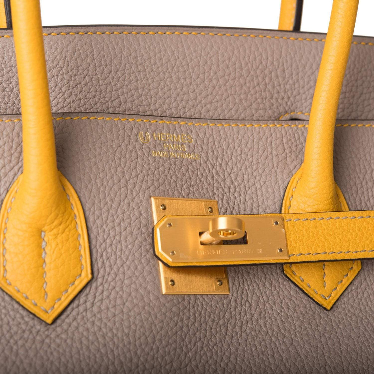 Hermes Birkin 35 Etoupe and Jaune Ambre Togo Brushed Gold Hardware BagAg