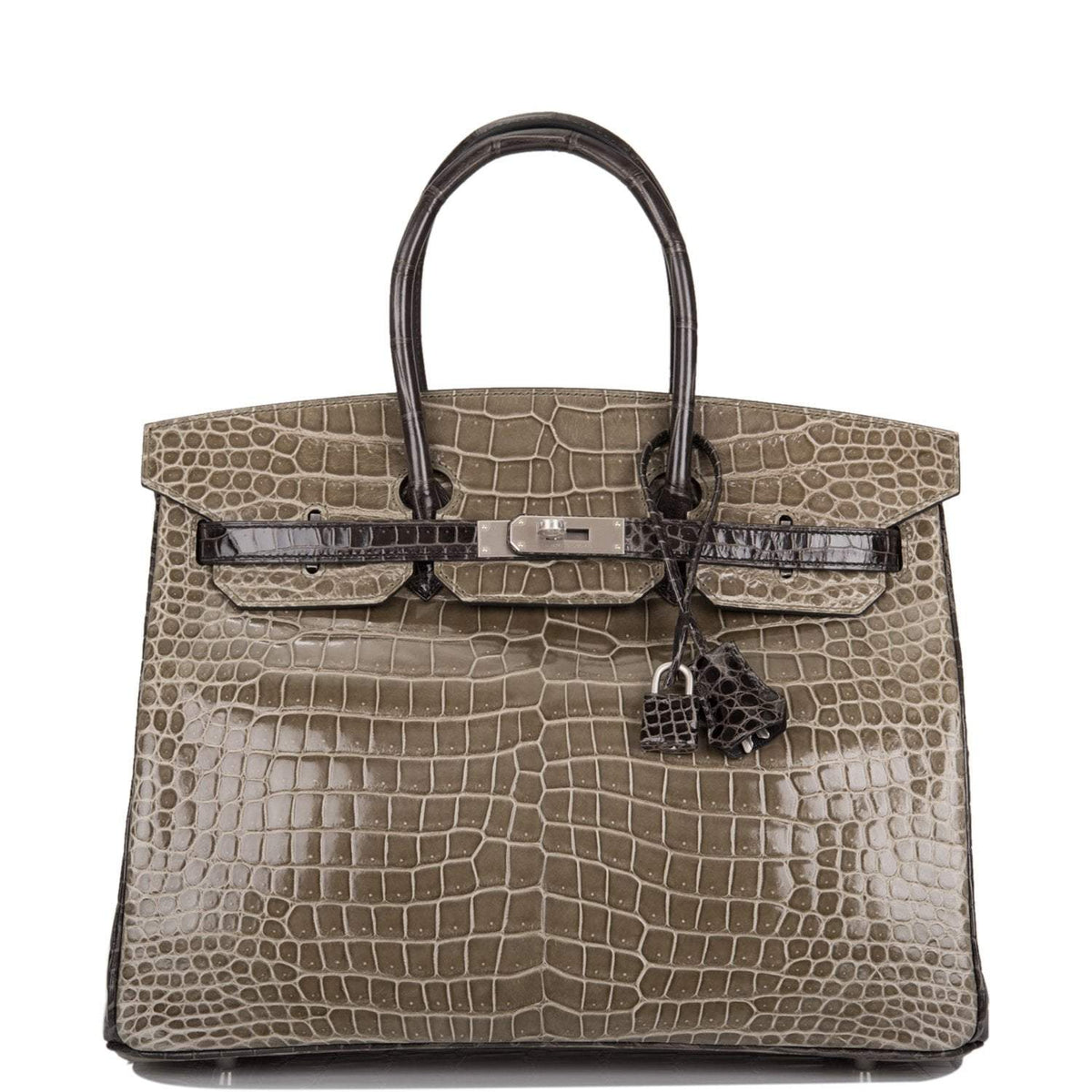 Hermes  Birkin 35cm Bi-Color Gris Tourterelle and Graphite Shiny Porosus Crocodile Brushed Palladium Hardware Hermes