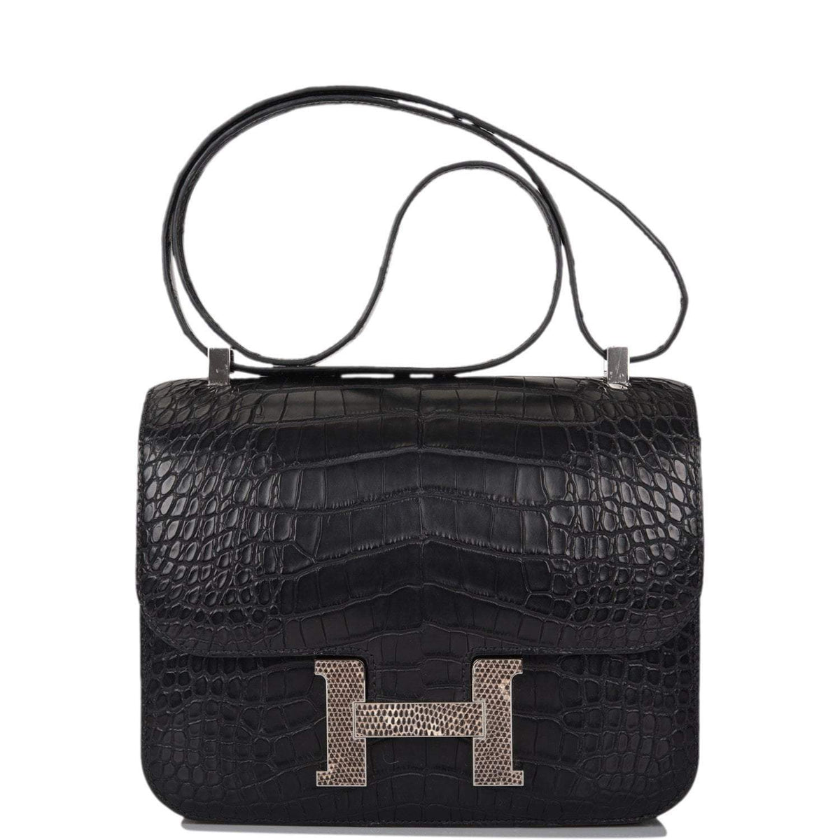 Hermes Black Matte Alligator and Ombre Lizard Marquette Constance 24cm Palladium Hardware Hermes