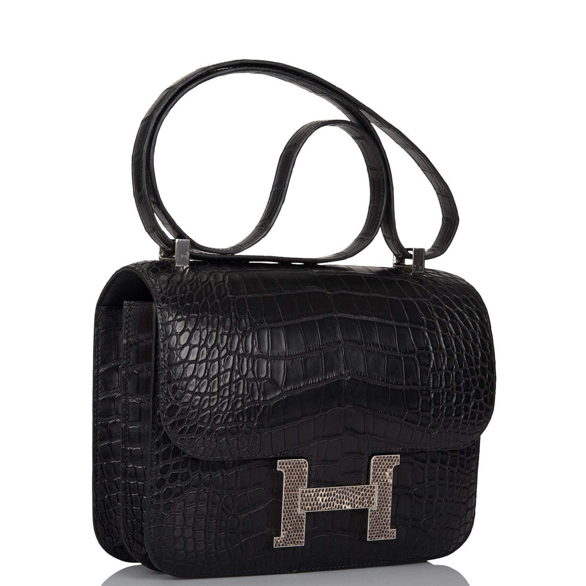 Hermes Black Matte Alligator and Ombre Lizard Marquette Constance 24cm Palladium Hardware Hermes
