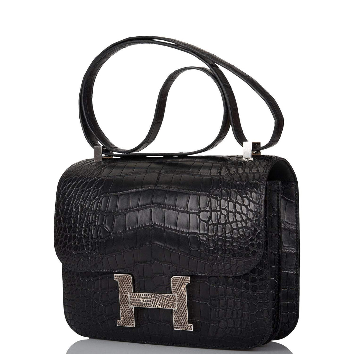 Hermes Black Matte Alligator and Ombre Lizard Marquette Constance 24cm Palladium Hardware Hermes