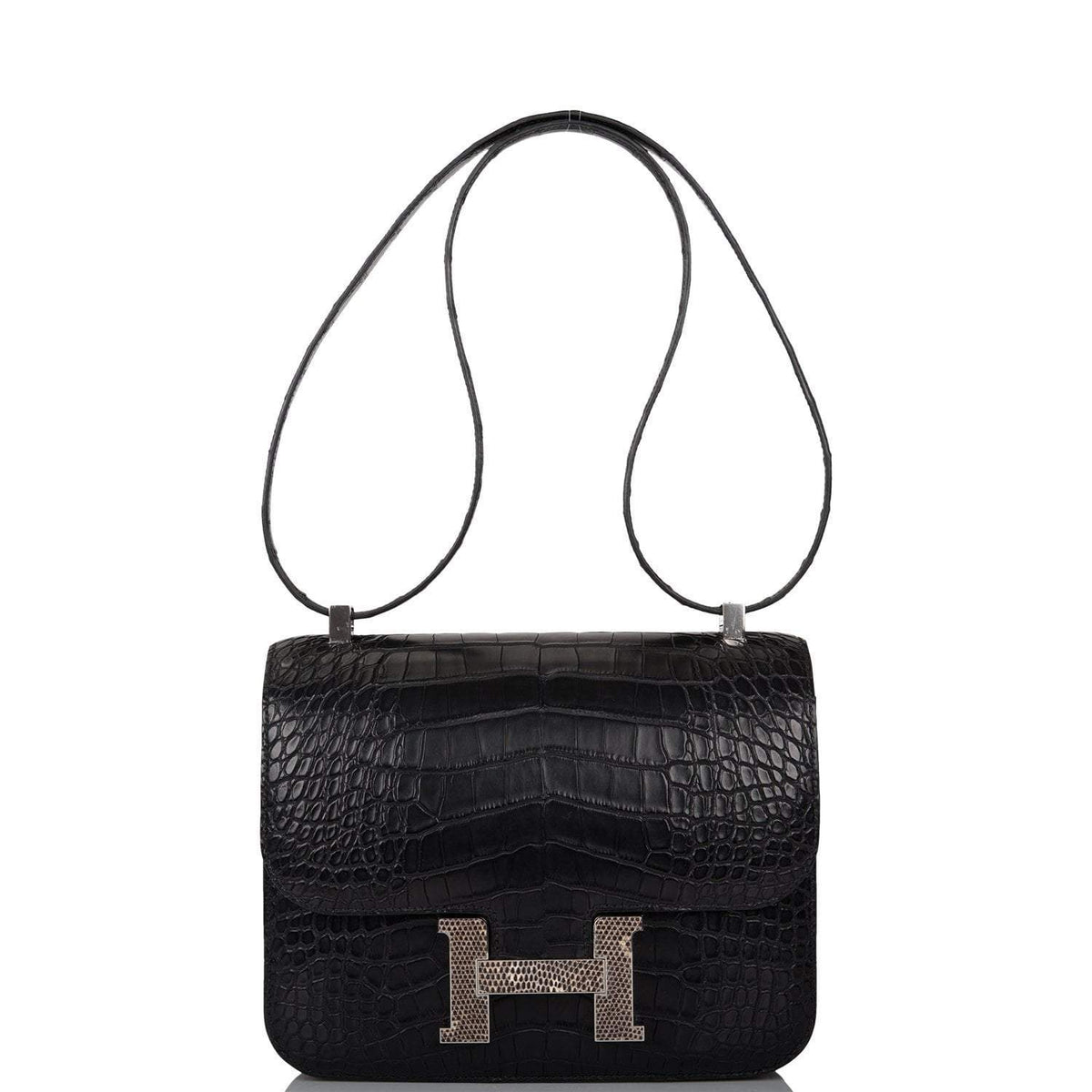 Hermes Black Matte Alligator and Ombre Lizard Marquette Constance 24cm Palladium Hardware Hermes