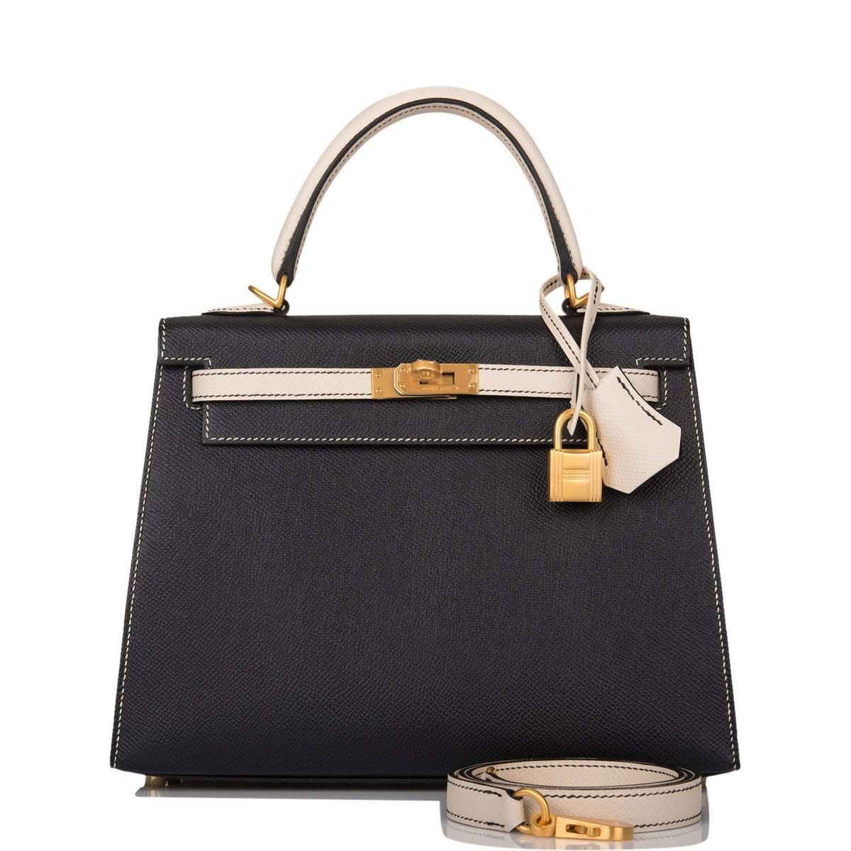 Hermes Kelly 25cm Bi-Color Black and Craie Epsom Sellier Brushed Gold Hardware Hermes