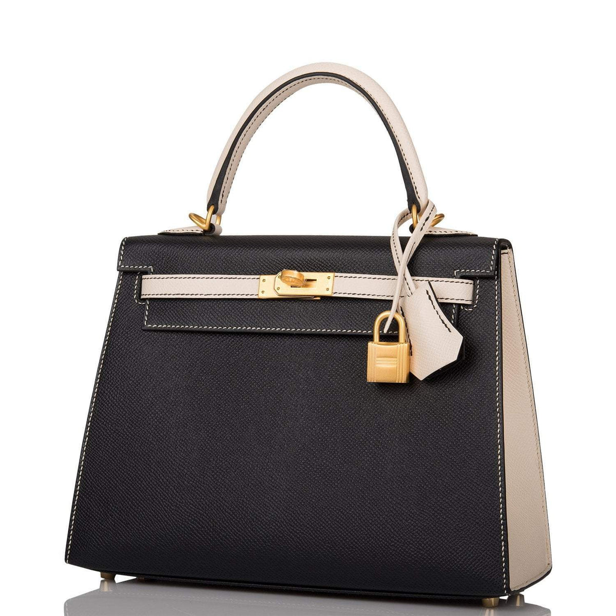 Hermes Kelly 25cm Bi-Color Black and Craie Epsom Sellier Brushed Gold Hardware Hermes