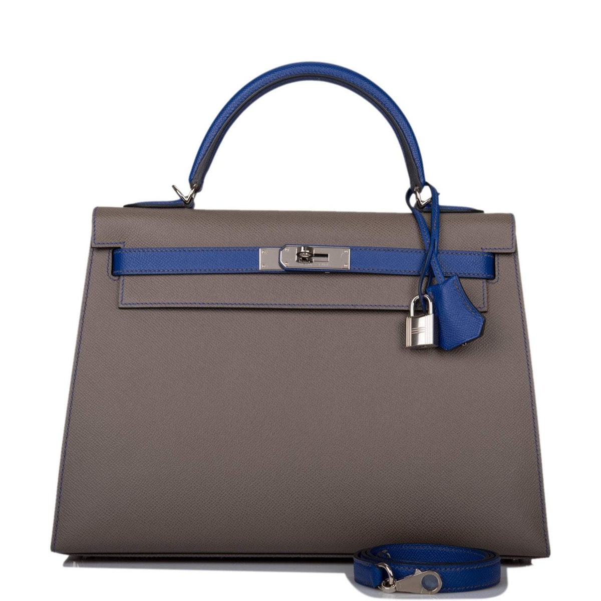 Hermes Kelly 32cm Bi-Color Etain and Bleu Electric Epsom Sellier Palladium Hardware Hermes
