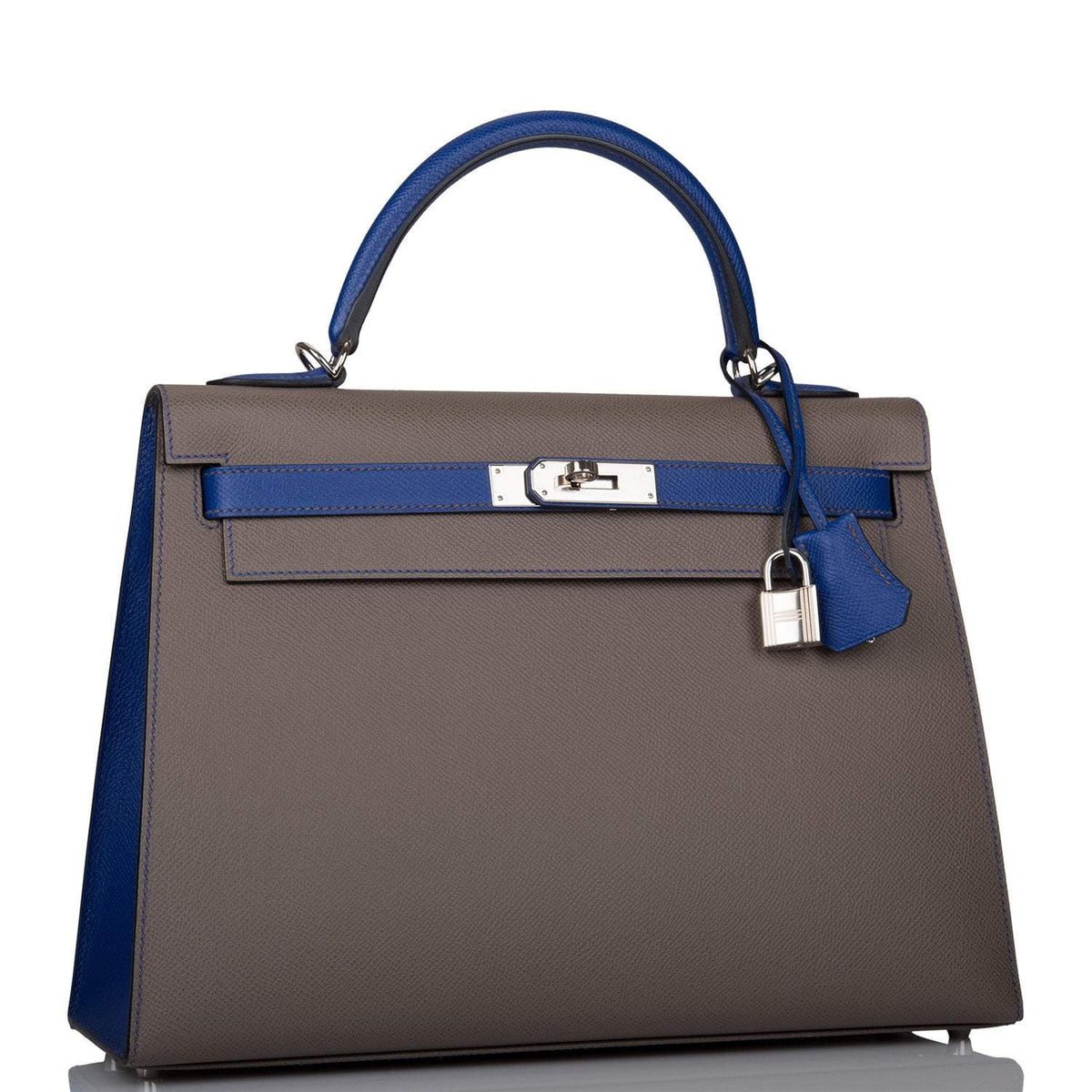 Hermes Kelly 32cm Bi-Color Etain and Bleu Electric Epsom Sellier Palladium Hardware Hermes
