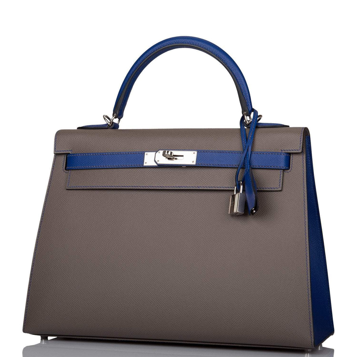Hermes Kelly 32cm Bi-Color Etain and Bleu Electric Epsom Sellier Palladium Hardware Hermes