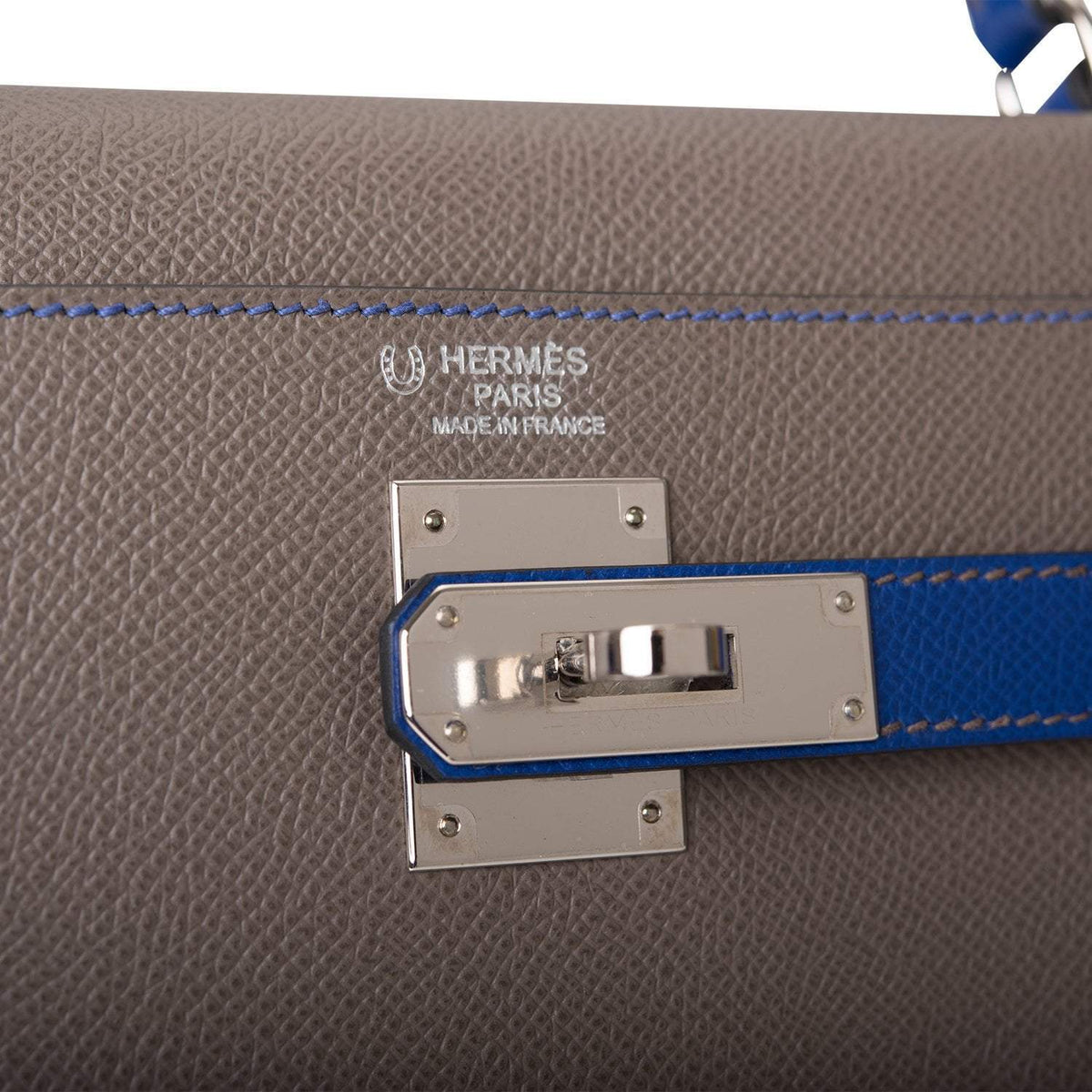 Hermes Kelly 32cm Bi-Color Etain and Bleu Electric Epsom Sellier Palladium Hardware Hermes