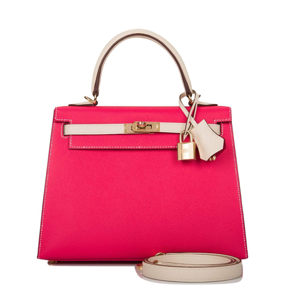 Hermes Kelly 25cm  Bi-Color Rose Extreme and Craie Epsom Sellier Permabrass Hardware Hermes