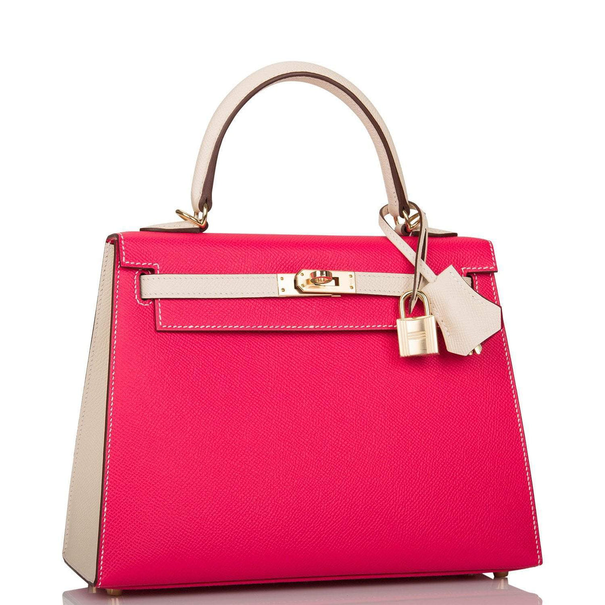Hermes Kelly 25cm  Bi-Color Rose Extreme and Craie Epsom Sellier Permabrass Hardware Hermes