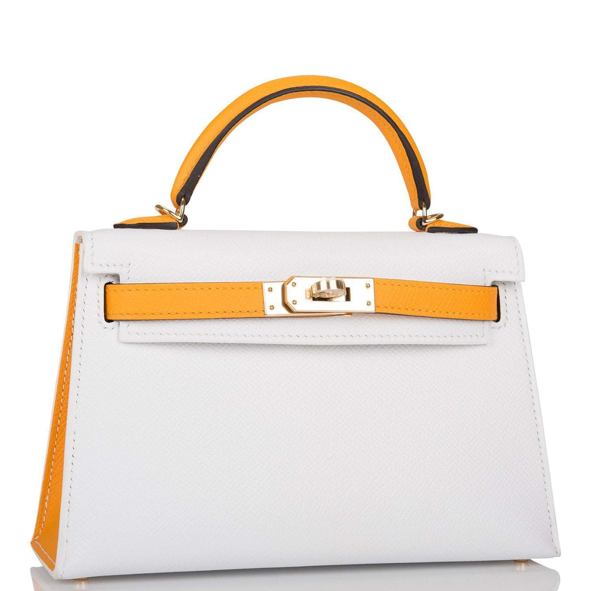 Hermes Horseshoe Stamp (HSS) White and Jaune D'Or Epsom Sellier Kelly 20cm Permabrass Hardware BagAg