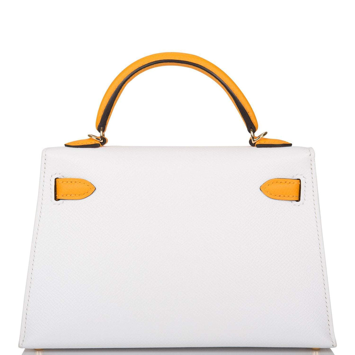 Hermes Horseshoe Stamp (HSS) White and Jaune D'Or Epsom Sellier Kelly 20cm Permabrass Hardware BagAg