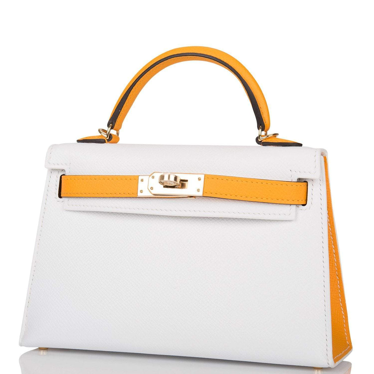 Hermes Horseshoe Stamp (HSS) White and Jaune D'Or Epsom Sellier Kelly 20cm Permabrass Hardware BagAg