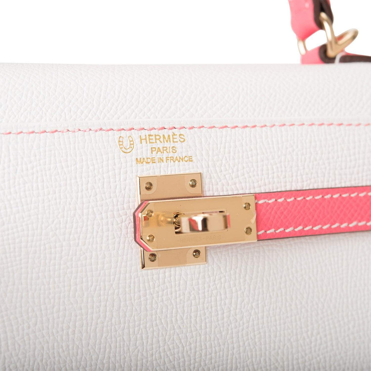 Hermes Horseshoe Stamp (HSS) Bi-Color White and Rose Azalee Epsom Sellier Kelly 25cm Permabrass Hardware Hermes